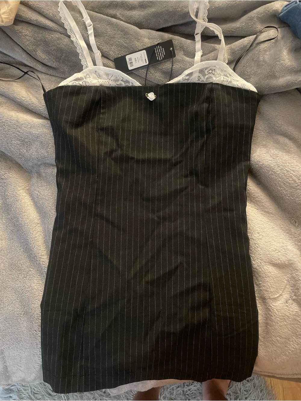 Fashion Nova Black Pinstripe Mini Dress with White Lace Trim